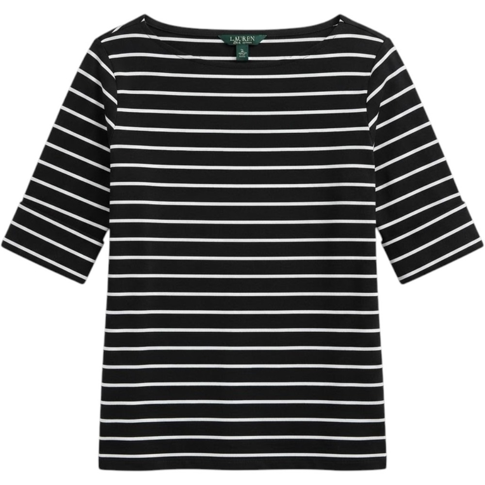Lauren Ralph Lauren Striped Boatneck Top Womens XL Black White Elbow Sleeve LRL